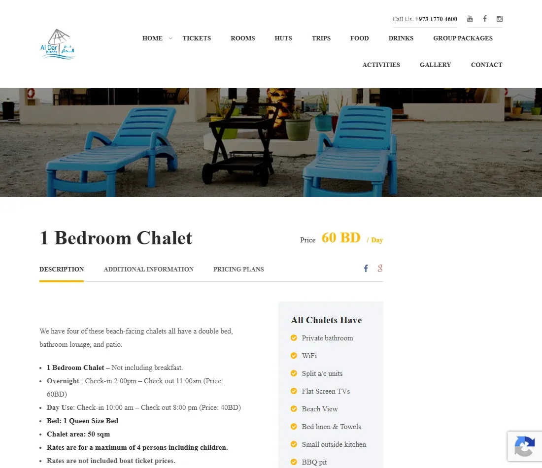 Operator one-bedroom chalet listing with day-use and overnight terms