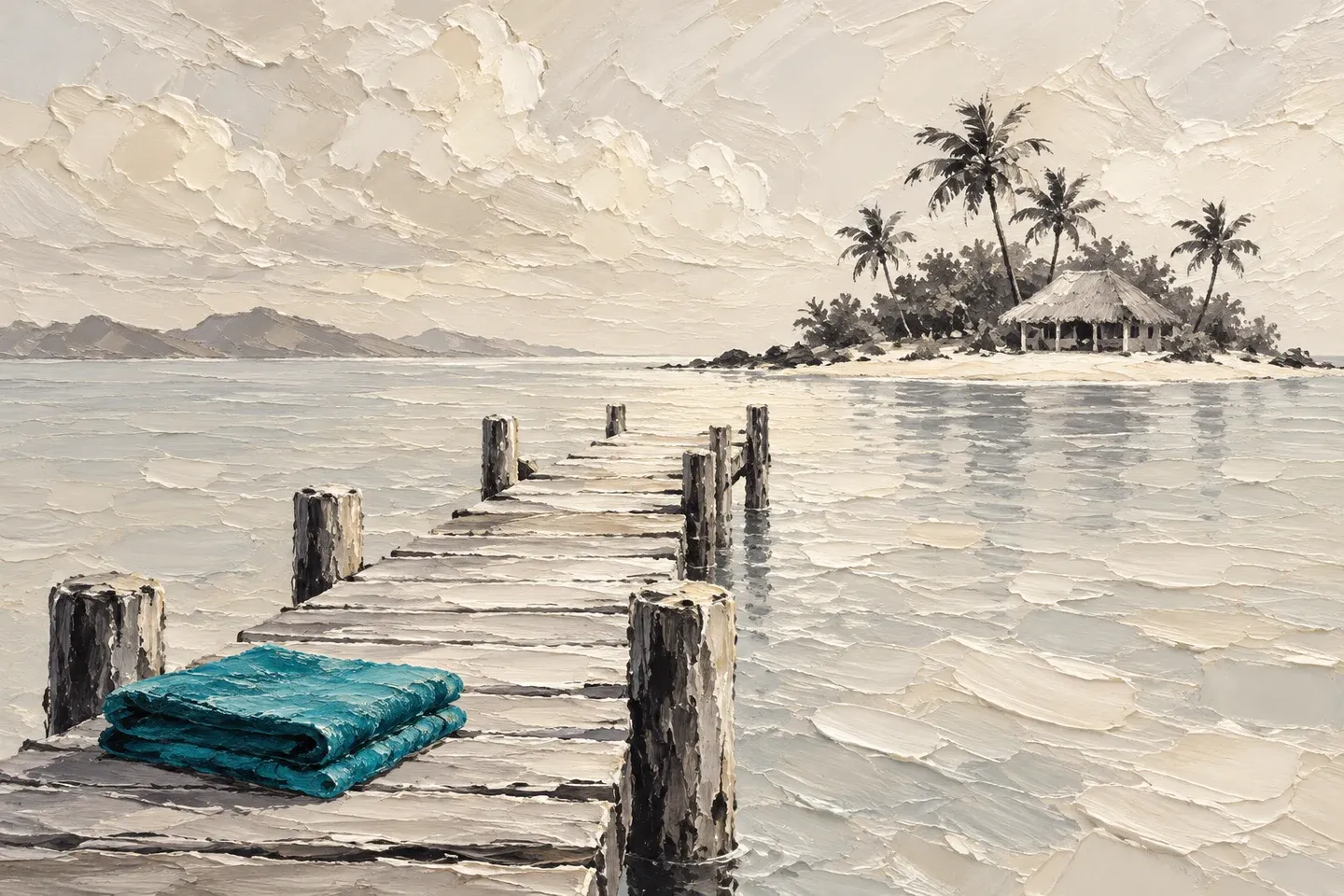 Conceptual cream oil painting of a small jetty, distant beach hut and one teal towel