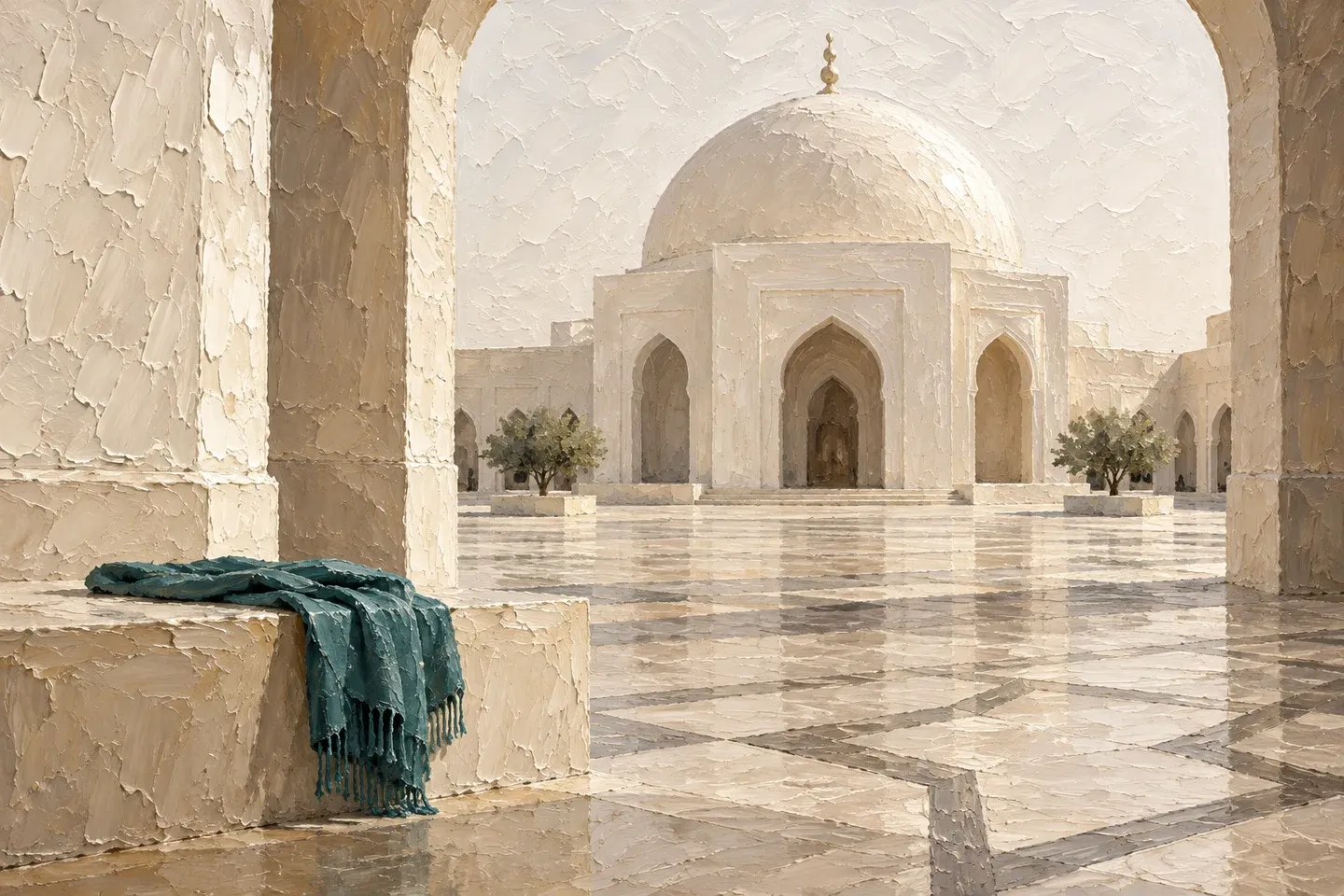 Conceptual cream oil painting of a domed courtyard with a single teal scarf.