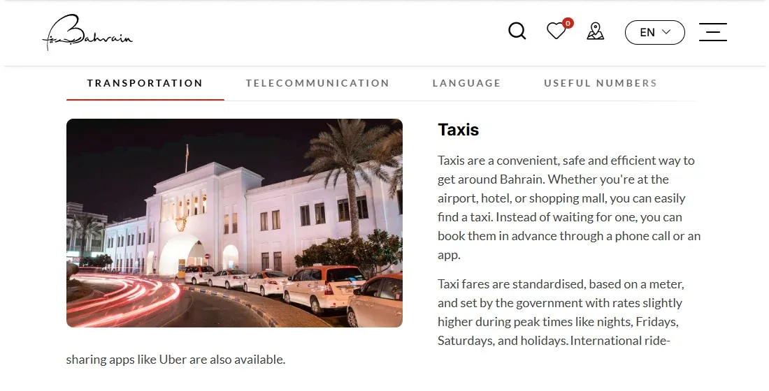 Official Bahrain transport guide explaining taxi fares and advance booking