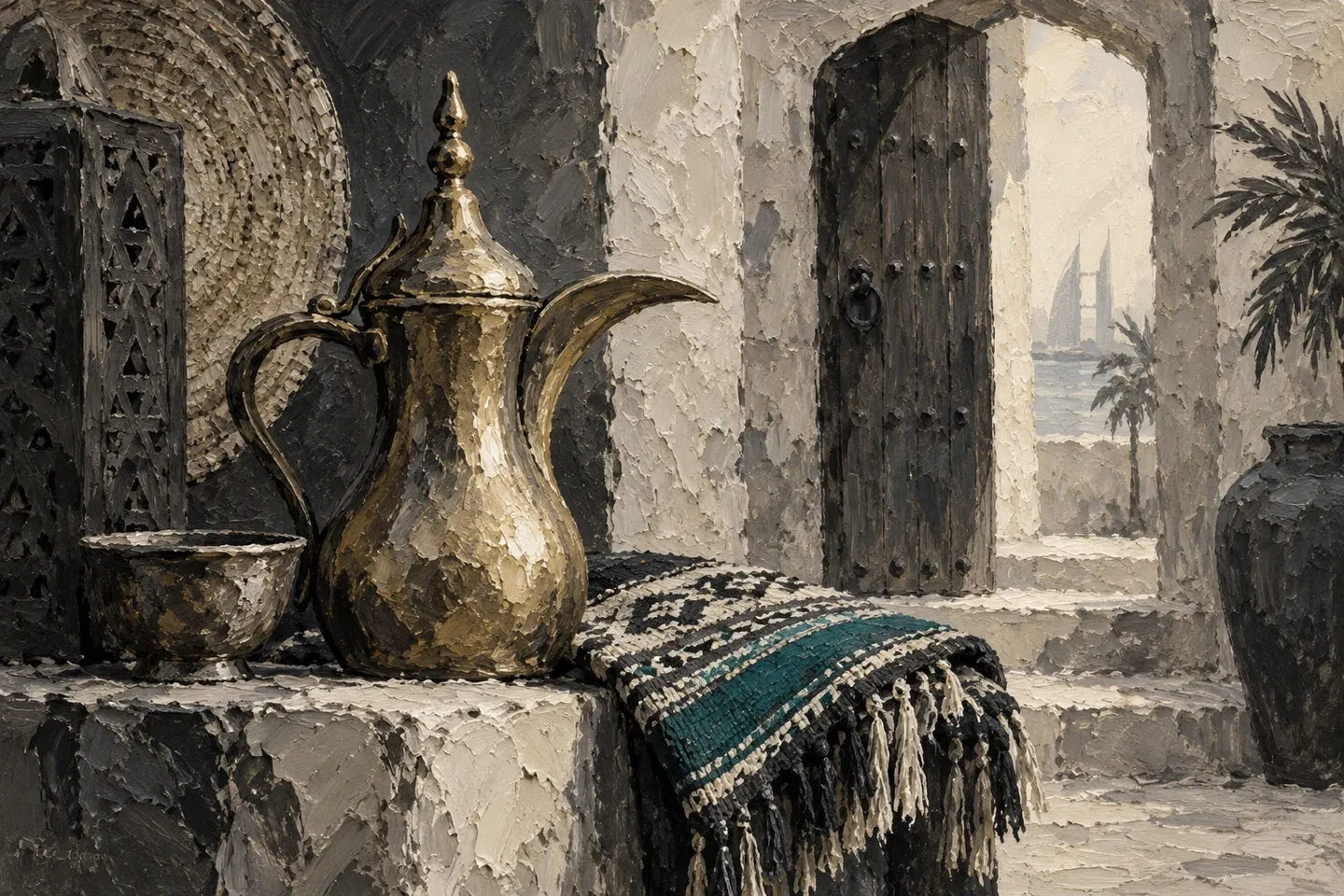 Conceptual oil painting of a traditional market gateway in cream tones with one teal accent