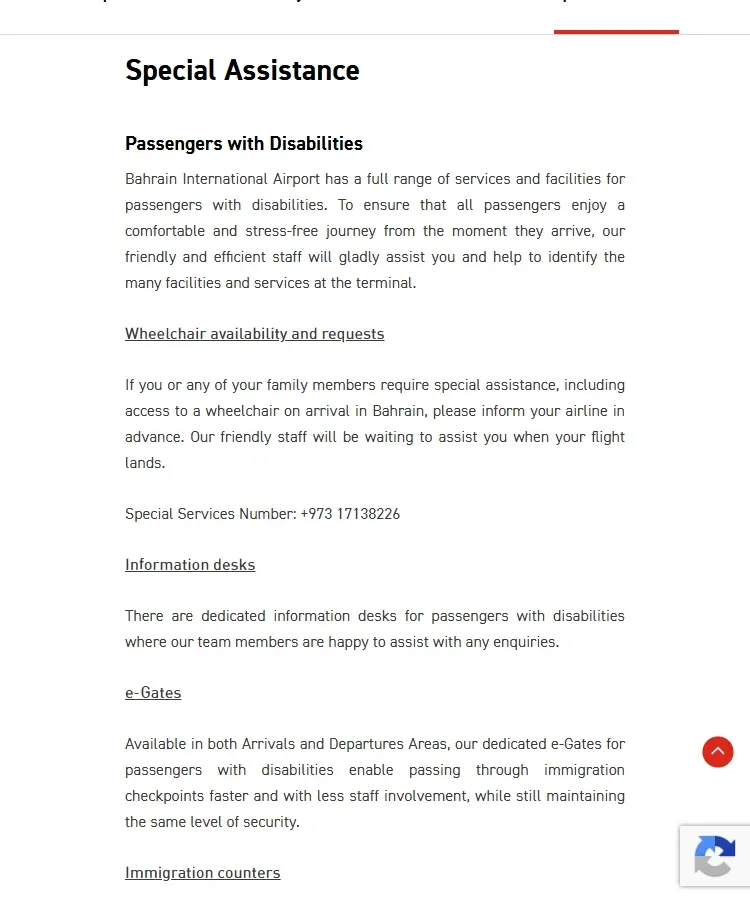 Official Bahrain Airport special-assistance page describing passenger support and advance arrangements