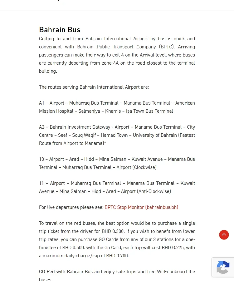 Bahrain Airport public bus page with the official stop location and route information