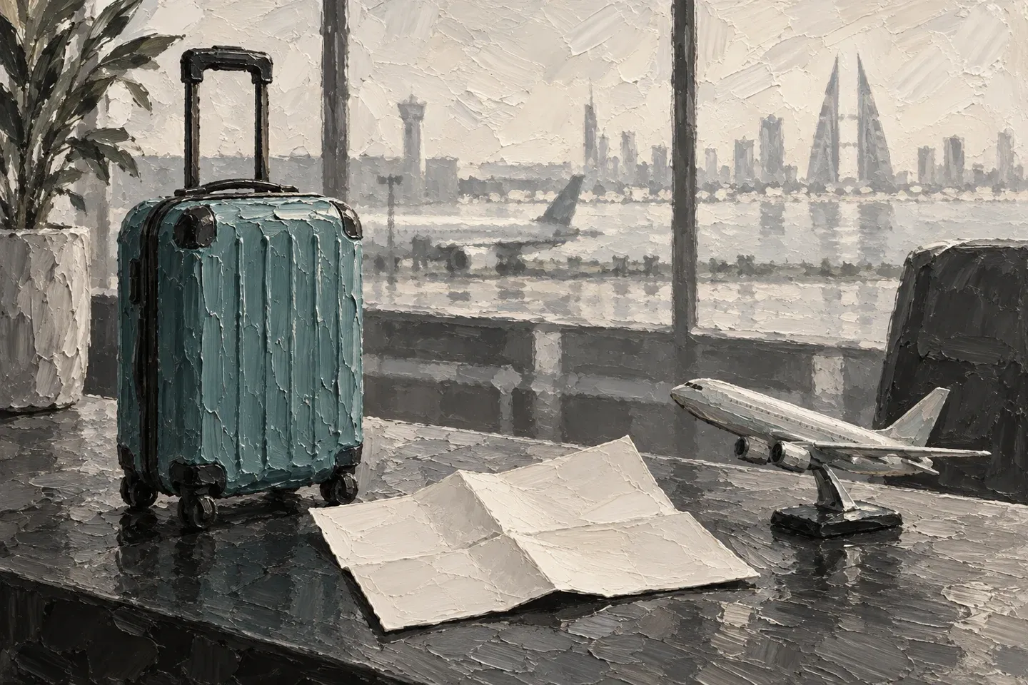 Painted suitcase, blank itinerary and model aircraft representing airport journey planning