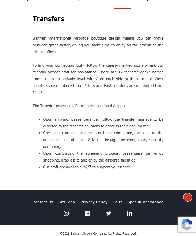 Official Bahrain Airport transfers page showing the route to transfer counters and onward security