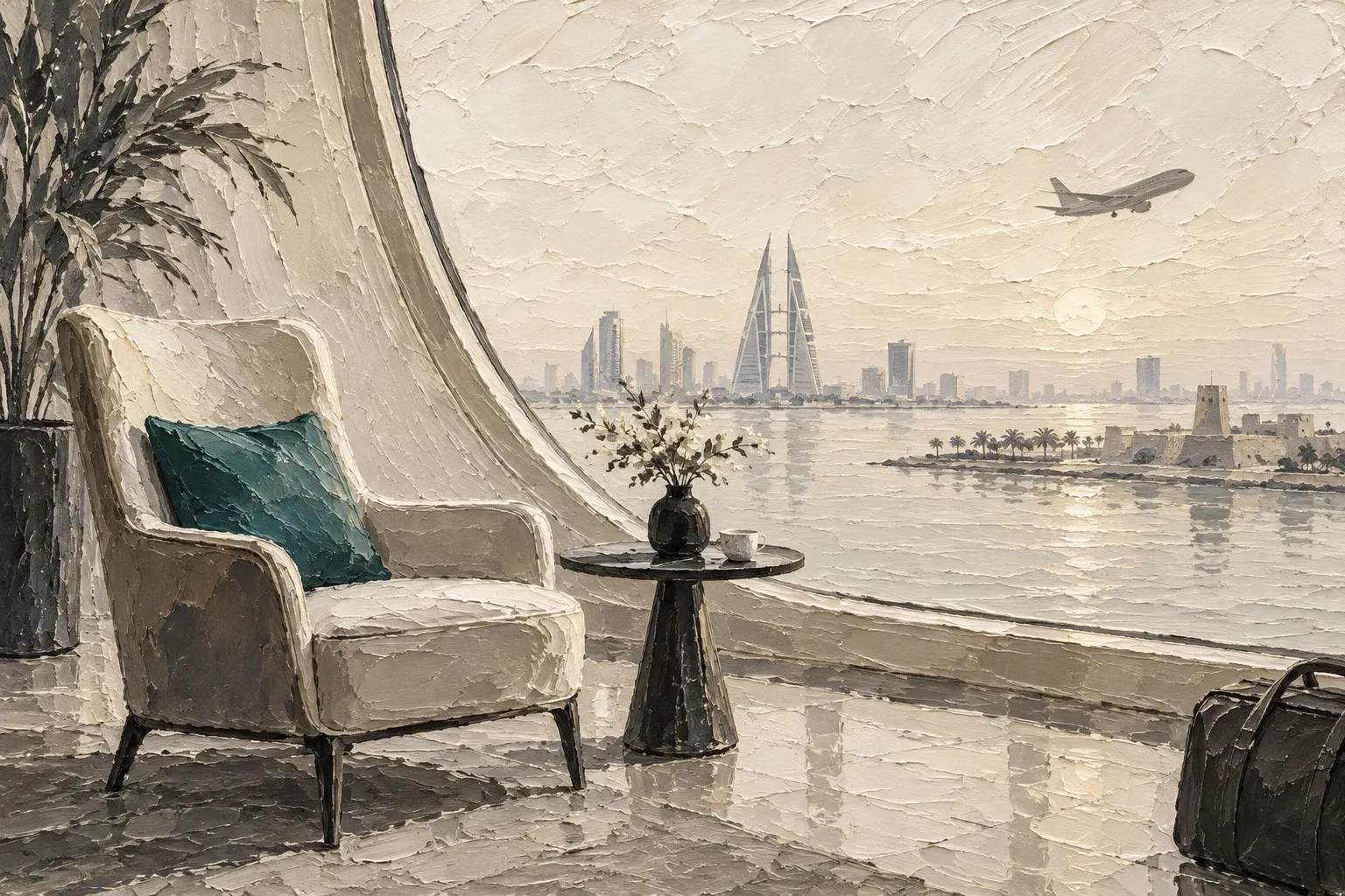 Impasto illustration of a quiet lounge chair beside an airport window