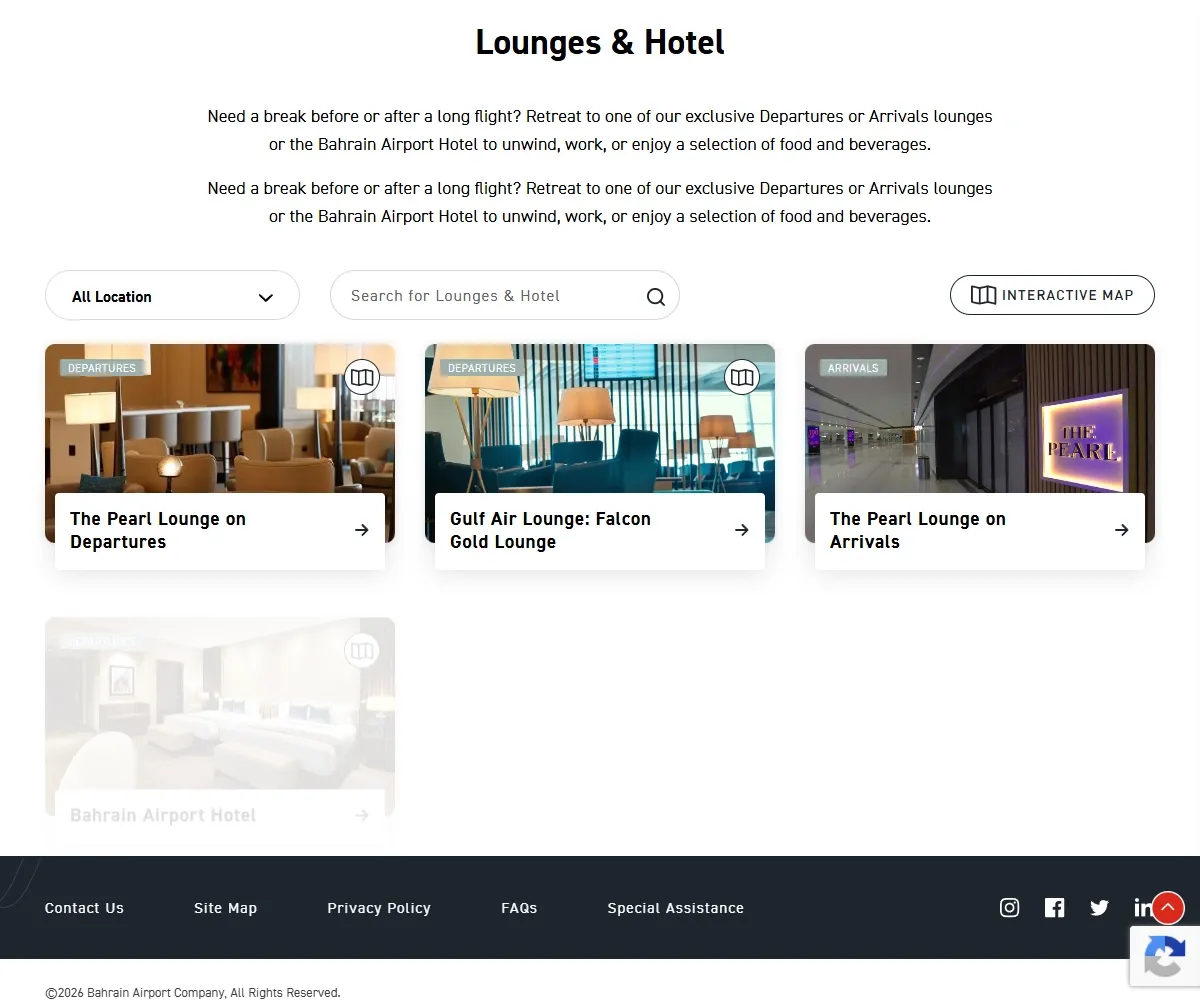 Authentic Bahrain Airport lounge directory separating departures and arrivals facilities