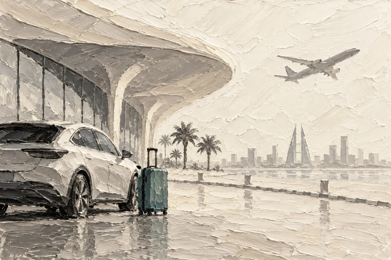 Impasto illustration of a car and suitcase beside an abstract airport