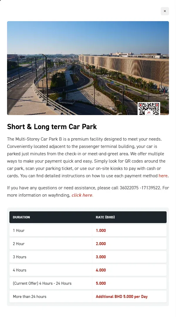 Authentic Bahrain Airport parking page showing its published car park information