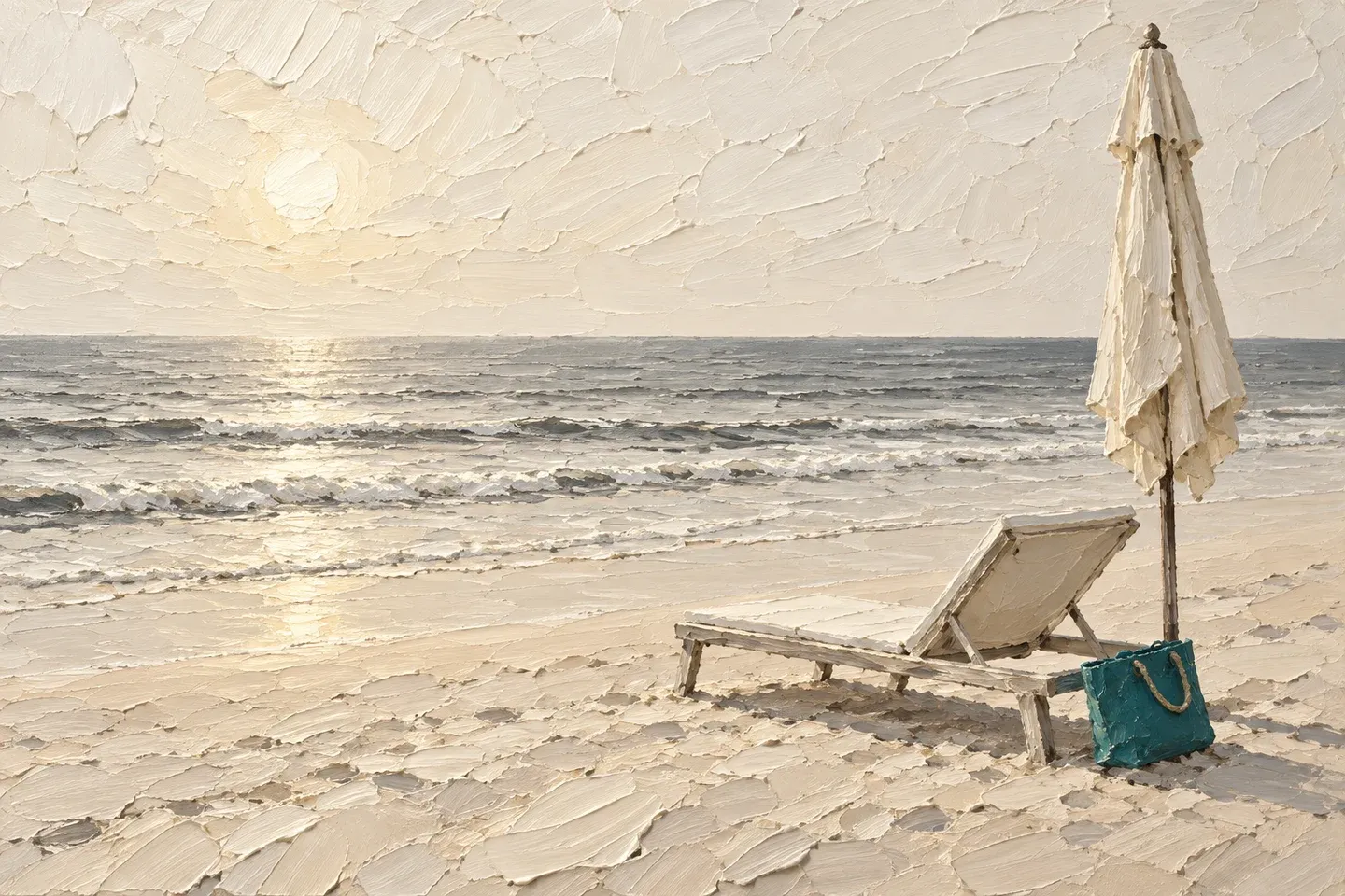 Conceptual cream oil painting of an empty shoreline, lounger and folded parasol with one teal beach bag