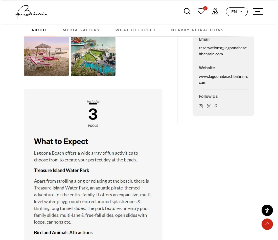 Official Lagoona Beach page showing family facilities and its water park description