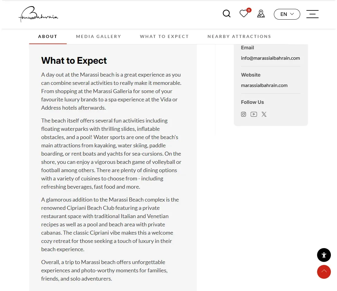 Bahrain Tourism Marassi Beach page describing water activities and surrounding facilities
