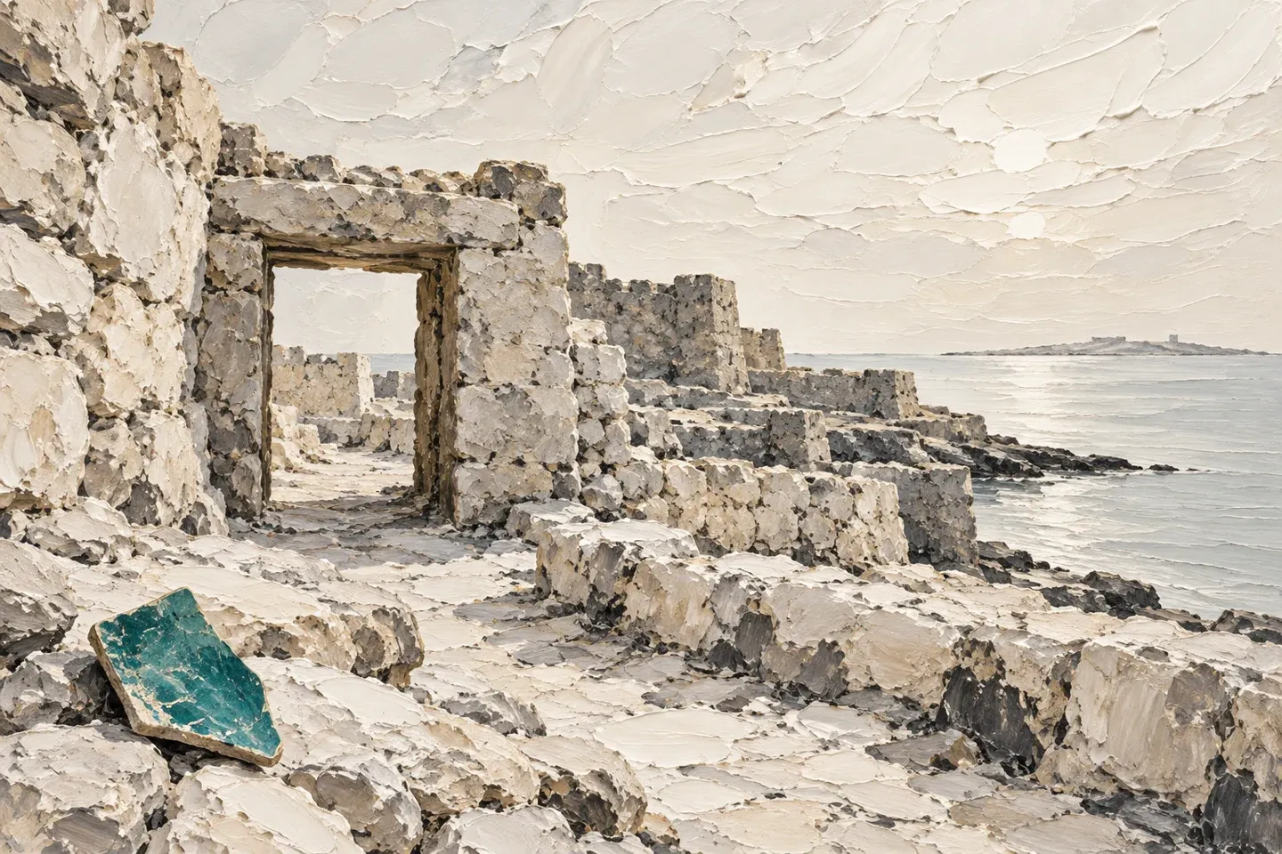 Conceptual cream oil painting of coastal archaeological walls with a single teal ceramic fragment