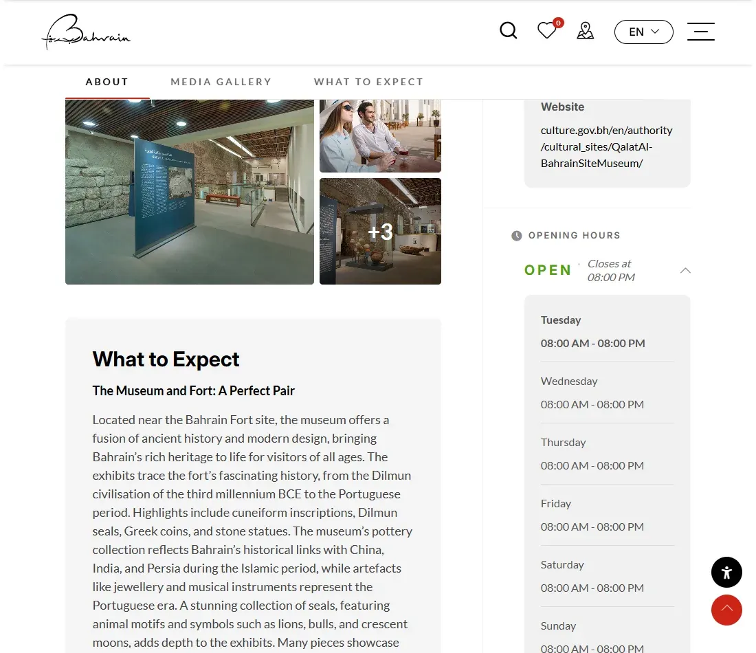 Official Bahrain Fort Site Museum page describing the collection and visitor facilities