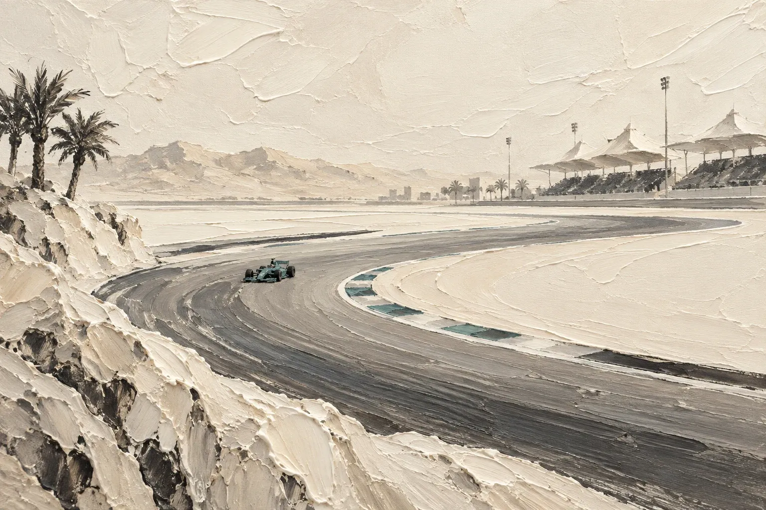 Impasto illustration of a racing car on an abstract desert circuit