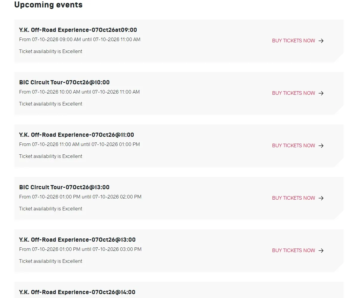 Authentic Bahrain International Circuit booking calendar with individually dated circuit-tour entries