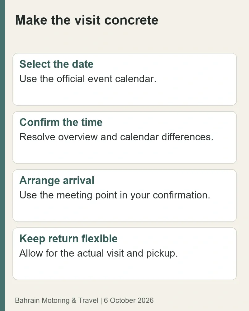 Circuit visit planning: select the dated tour, confirm time and access, arrange the correct entrance, and keep return transport flexible