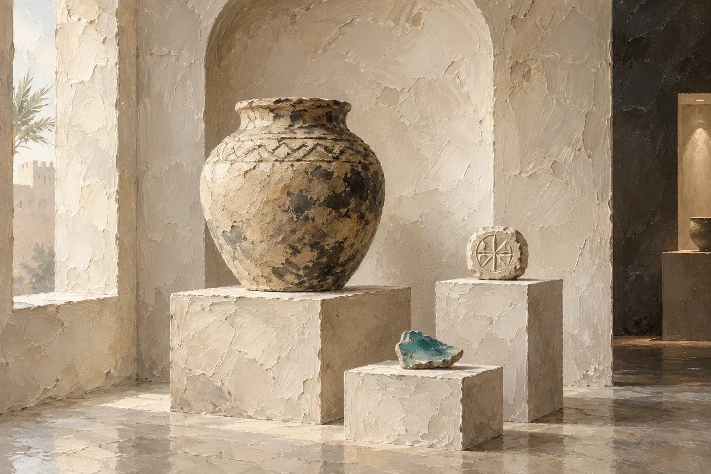 Conceptual cream oil painting of pottery and a stone seal with one teal ceramic fragment.