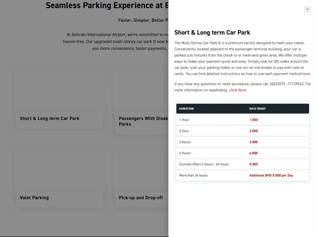 Bahrain Airport public page describing car park payment choices