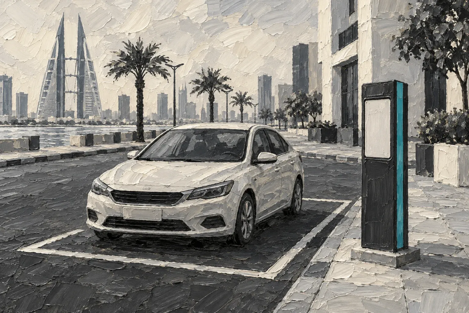 Creamy oil painting of a sedan parked within a marked bay beside a blank pedestal with a teal edge