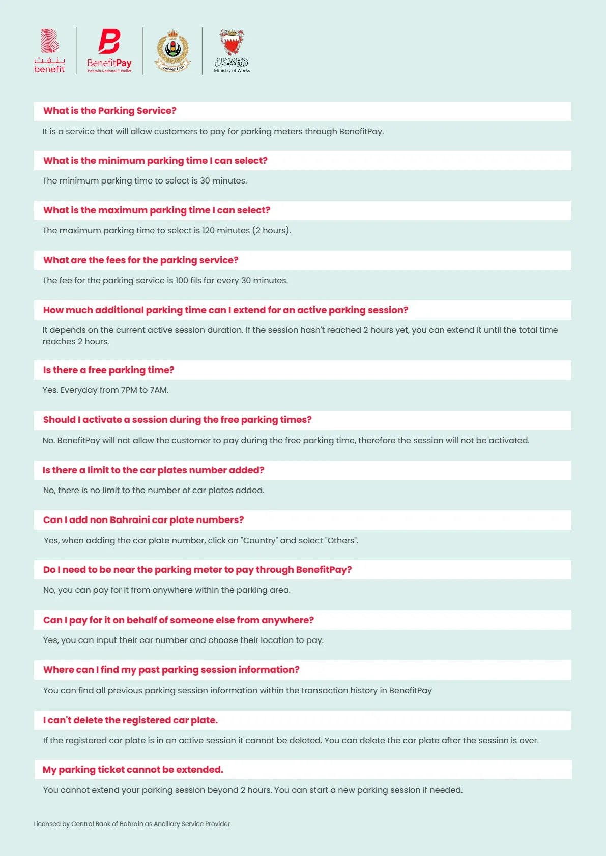 Official BenefitPay parking FAQ showing session length, tariff and payment questions