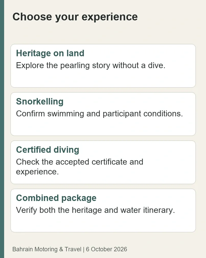 Choose among heritage sightseeing on land, licensed snorkelling, certified diving, or a package combining heritage and water activities