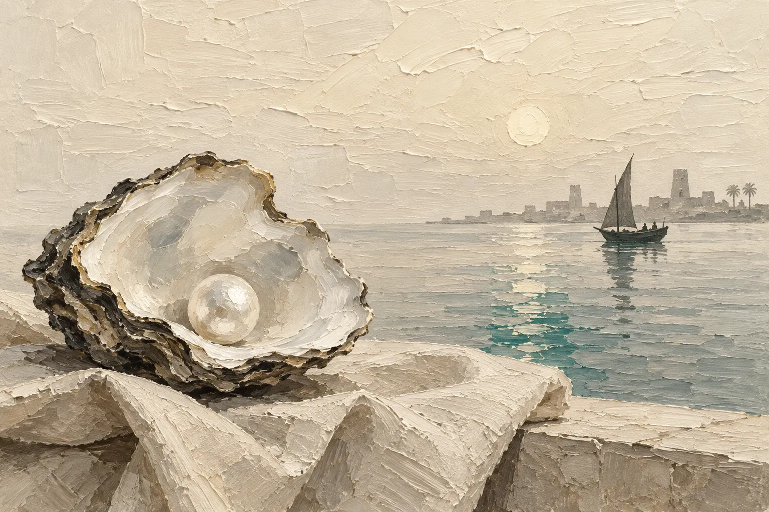 Impasto illustration of an oyster and pearl with a distant boat