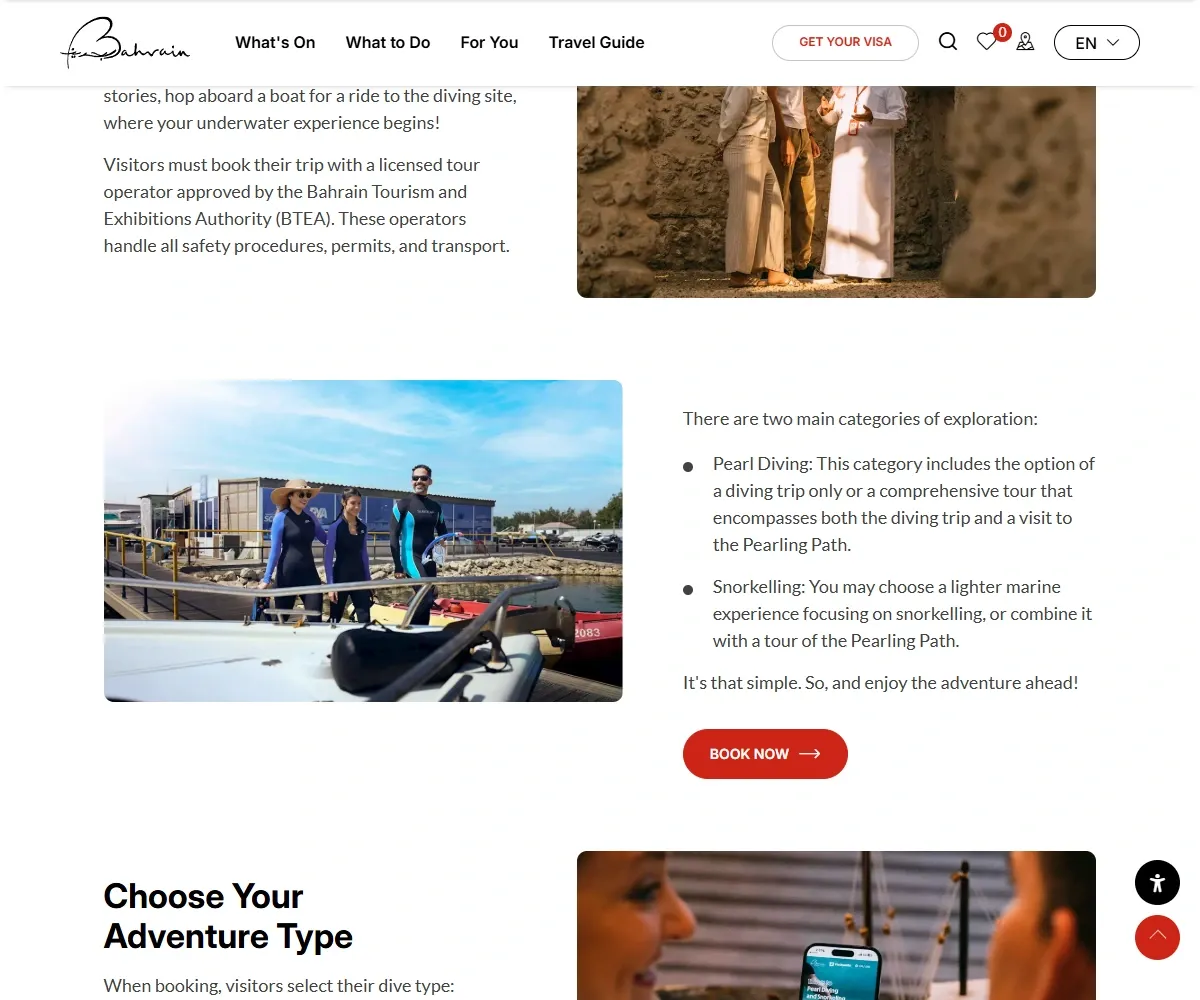 Authentic Bahrain Tourism public page explaining pearl snorkelling and diving