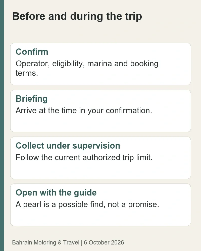 Pearl-trip sequence: confirm eligibility and booking, attend the briefing, follow supervised collection limits, then open oysters with the guide without expecting a guaranteed pearl