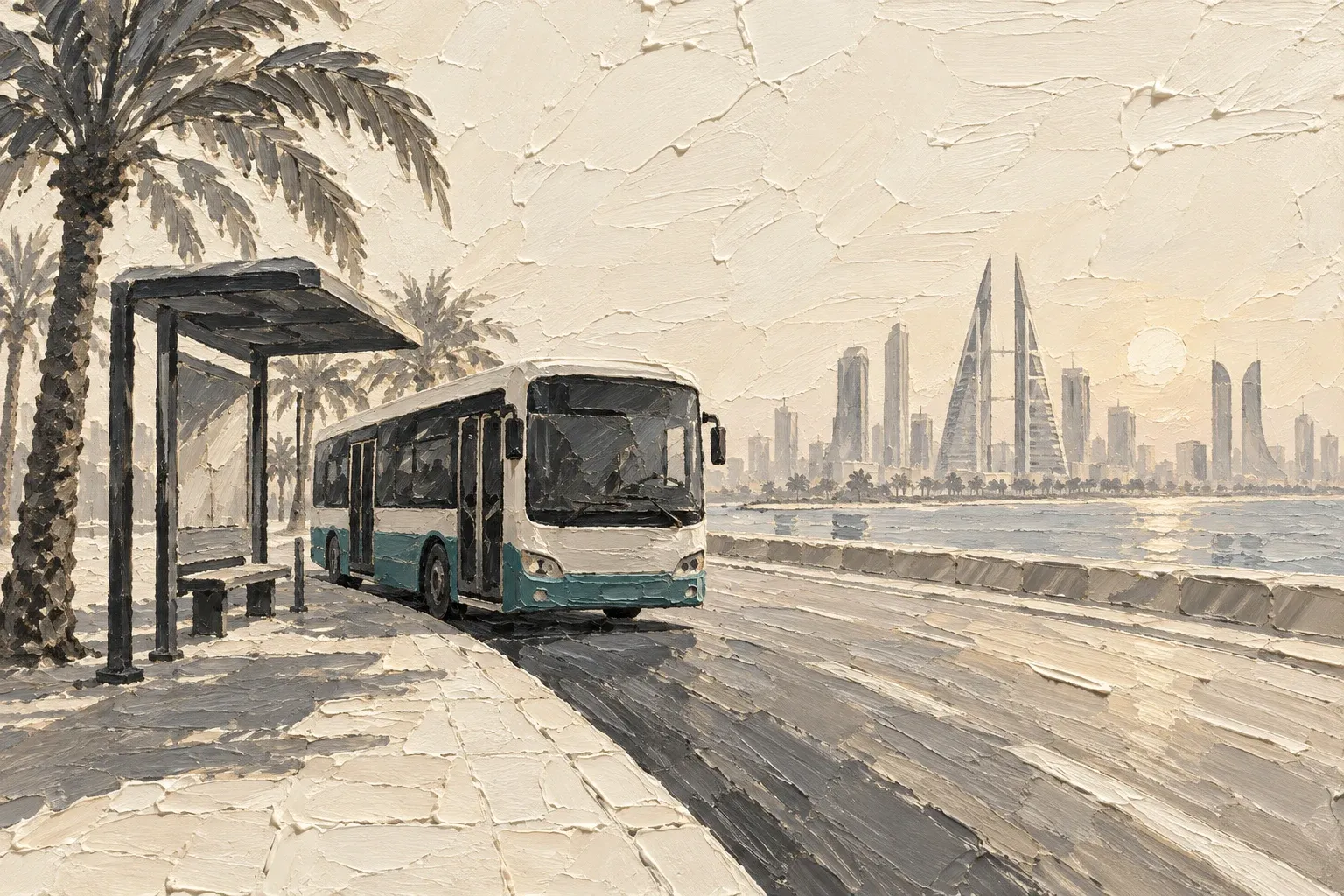 Impasto illustration of a bus beside a shaded stop