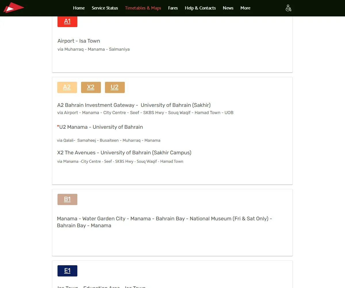 Authentic Bahrain Bus timetable page showing route cards and directions