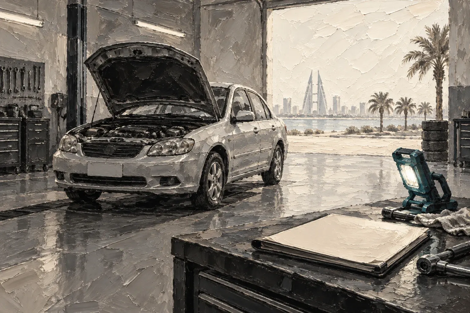 Oil painting of a used sedan with its bonnet open beside inspection documents and a teal workshop lamp
