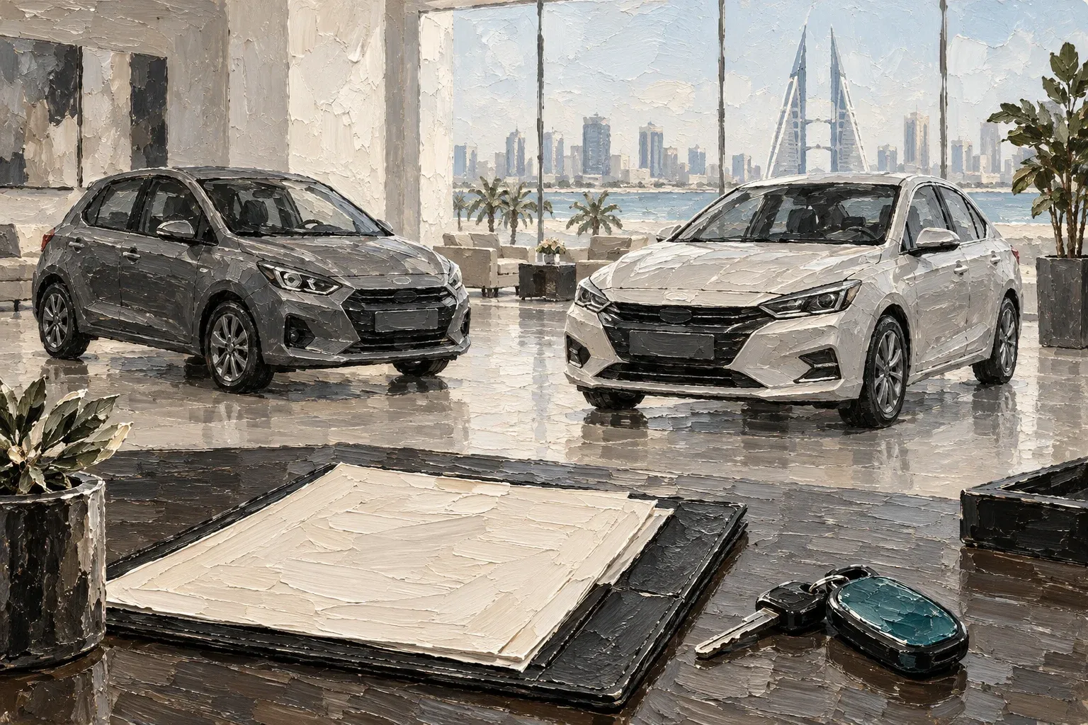 Oil painting of two cars in a showroom beside blank quotation papers and a teal key fob