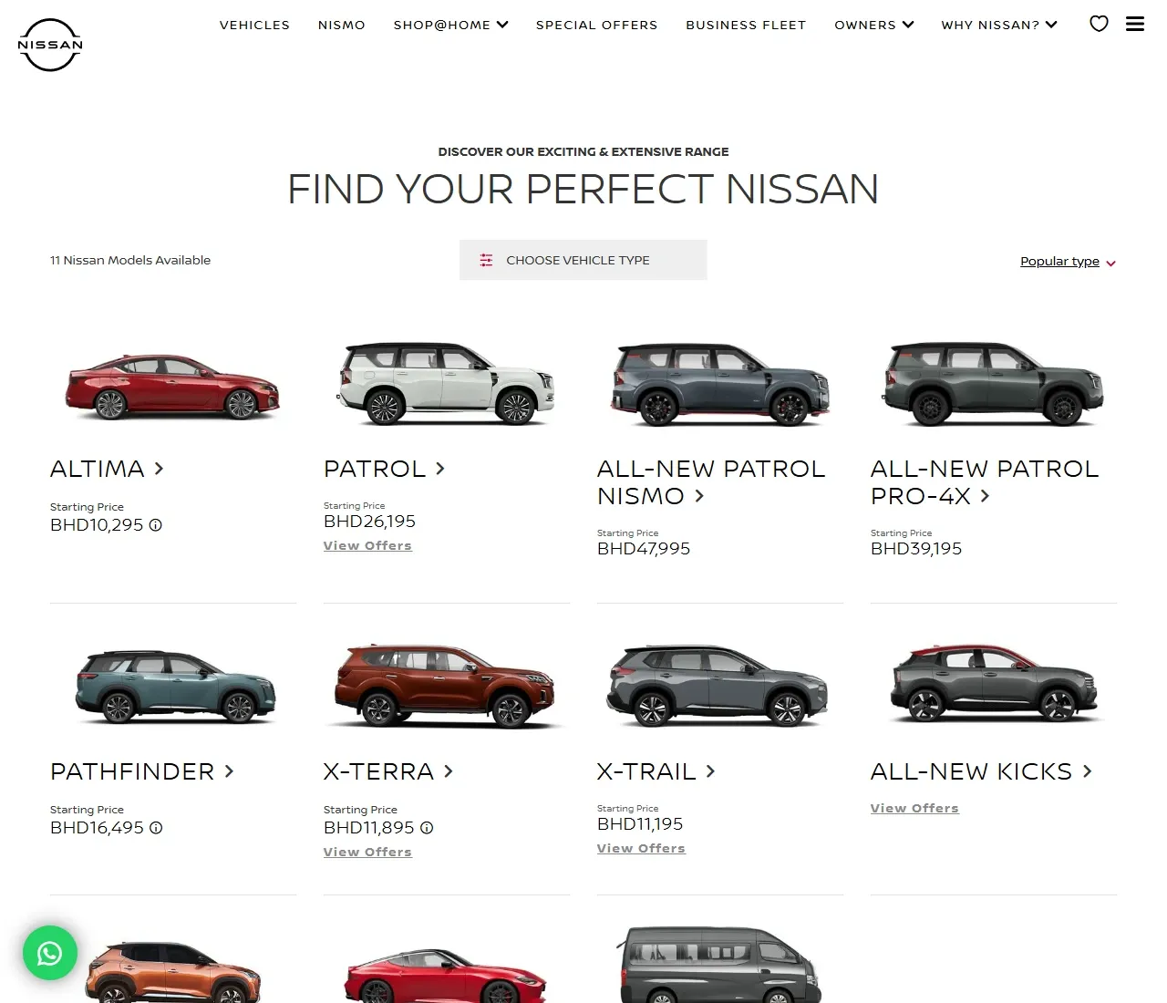Official Nissan Bahrain vehicle range showing advertised starting prices