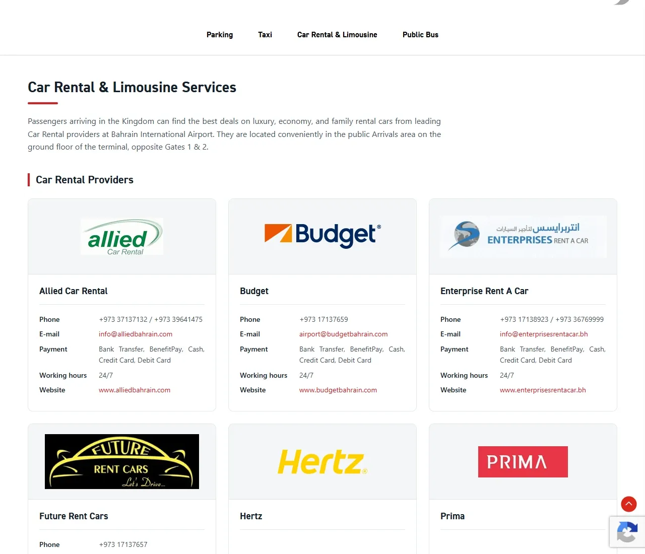 Bahrain Airport public directory of car rental and limousine services