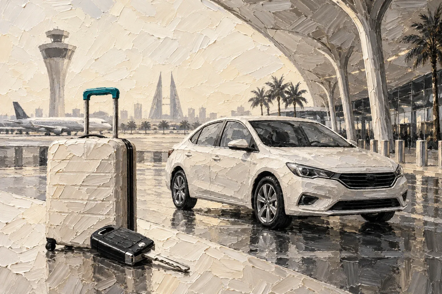 Creamy oil painting of a rental sedan at an airport canopy beside a suitcase with a teal handle