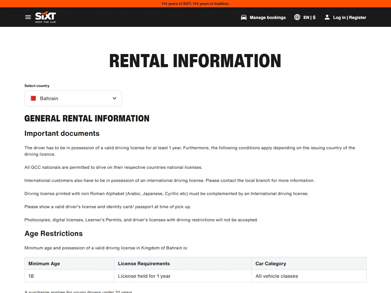 SIXT Bahrain public rental conditions showing required documents