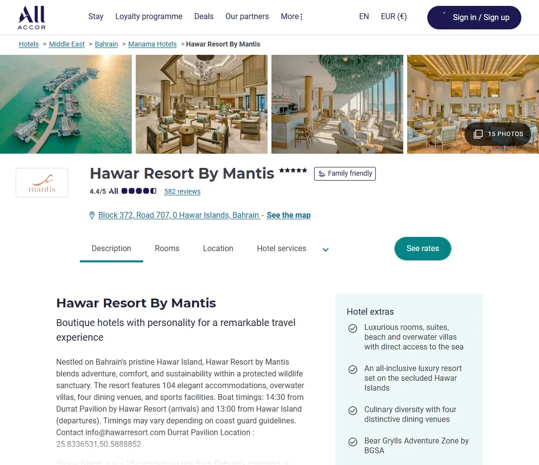 Official Accor Hawar Resort page with property description and current operational information