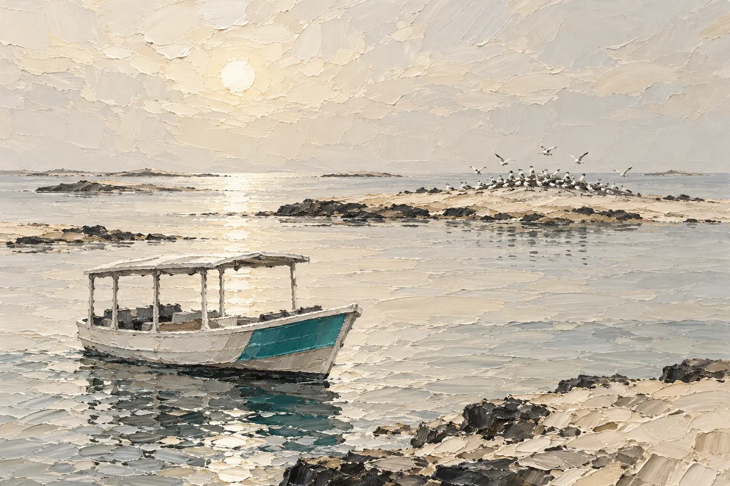 Conceptual cream oil painting of low desert islands, distant seabirds and a boat with one teal panel