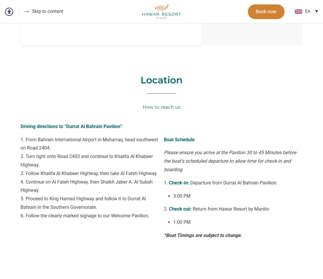 Hawar Resort website showing its mainland pavilion and published boat schedule