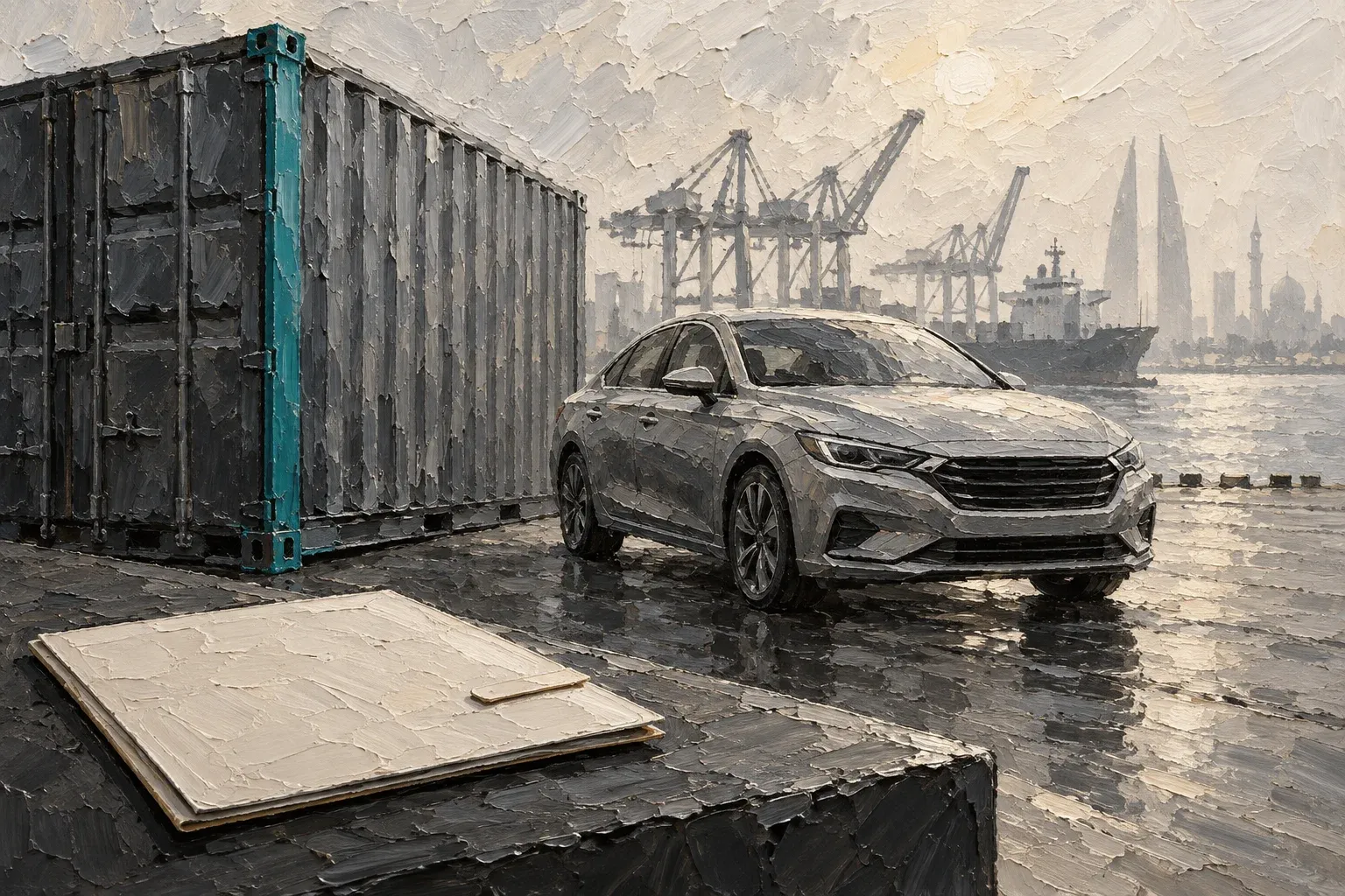 Creamy grayscale oil painting of a car beside a shipping container with a single teal corner