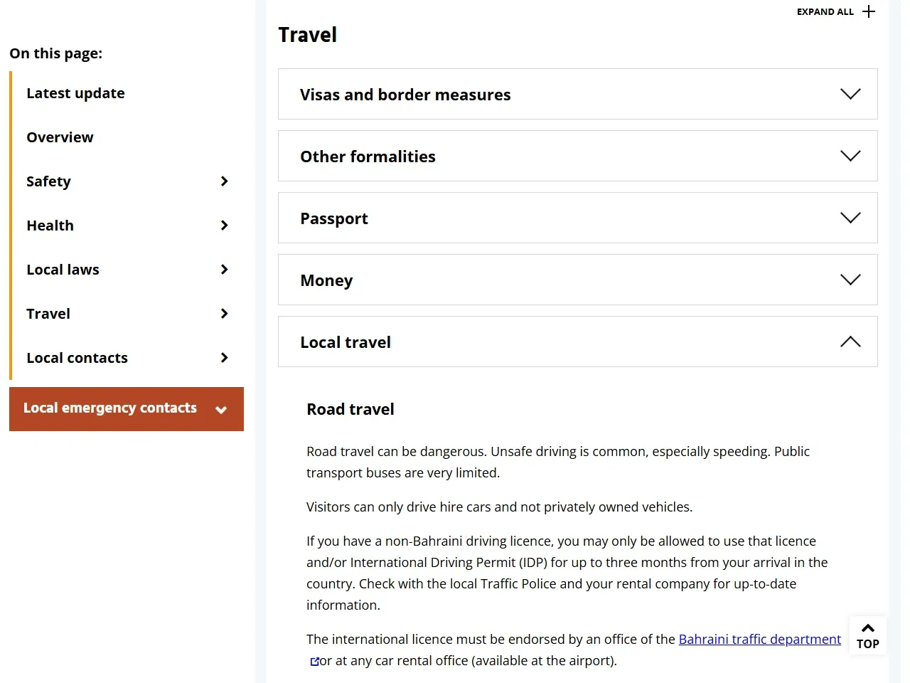 Public travel advice section about road travel in Bahrain