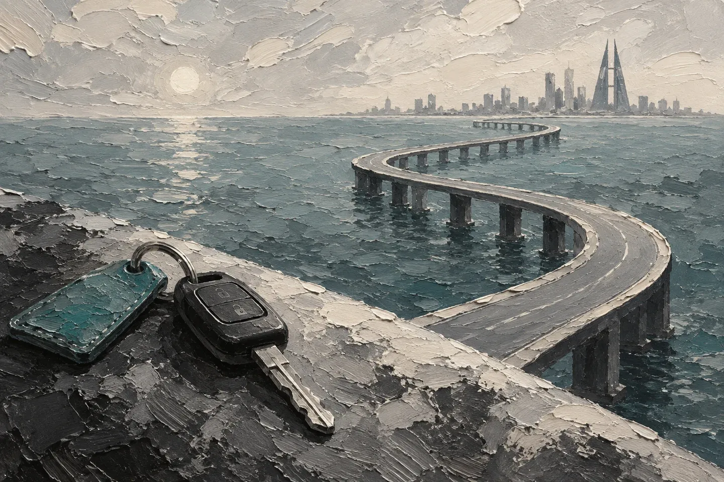 Creamy grayscale oil painting of car keys beside a conceptual sea causeway with a teal key fob