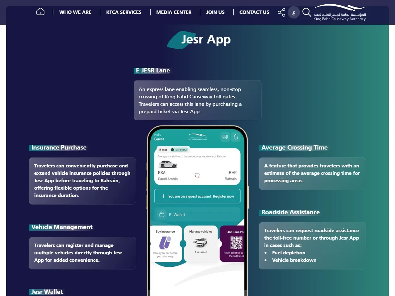 King Fahd Causeway Authority public services page describing Jesr travel tools