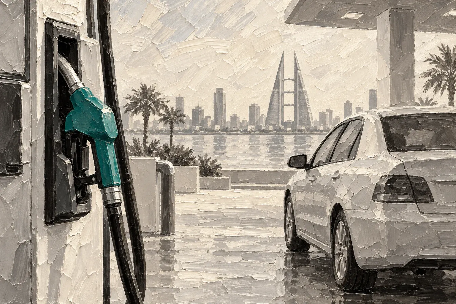Creamy grayscale oil painting of a sedan at a fuel station with a single teal fuel nozzle