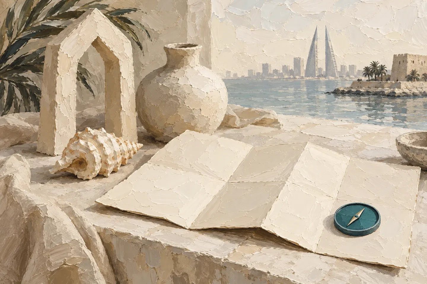 Conceptual cream oil painting of a blank map, an arch, pottery and a shell with one teal compass