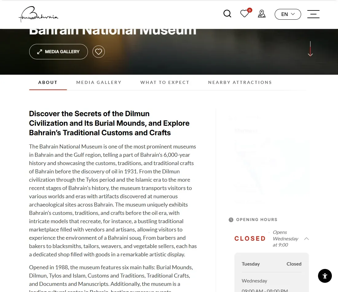 Official Bahrain National Museum page describing its collection and visitor schedule