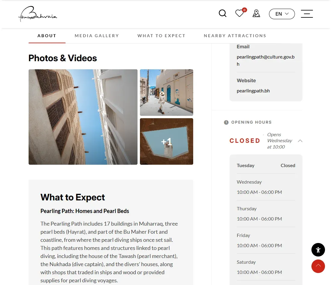 Official Pearling Path page introducing Muharraq's heritage route and visitor information