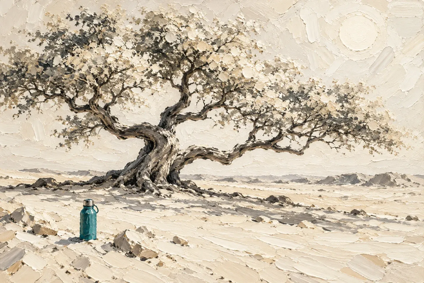 Conceptual cream oil painting of a spreading desert tree with a small teal travel flask