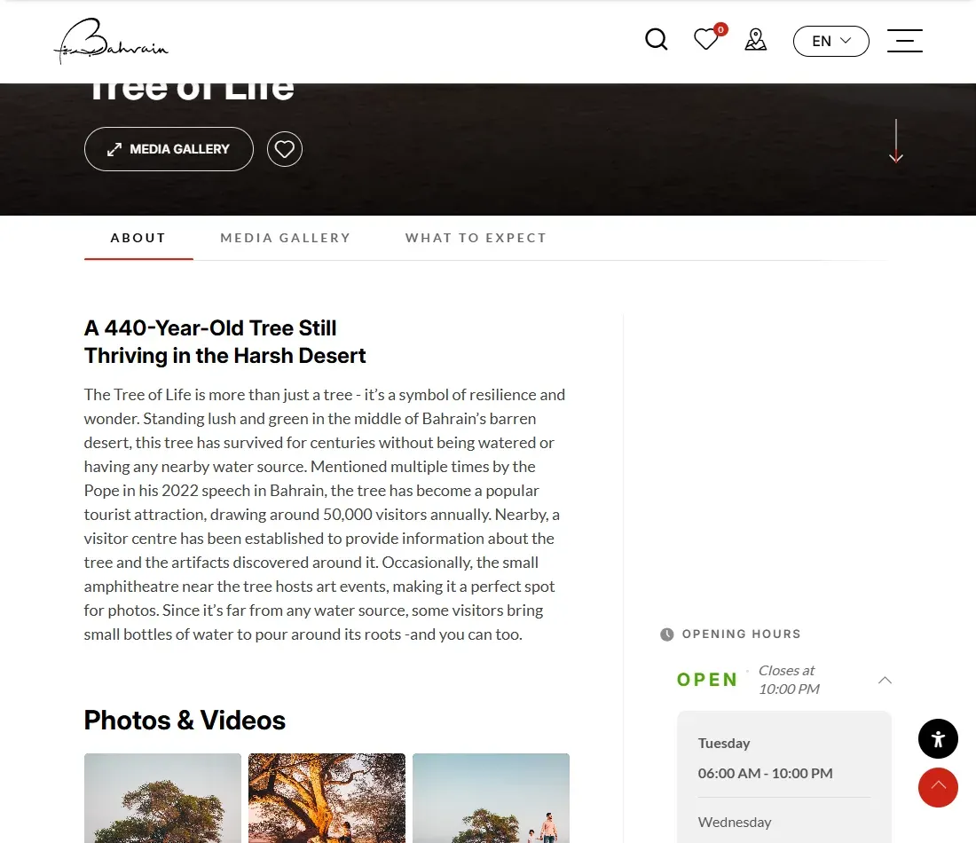 Bahrain Tourism's Tree of Life page with visitor information and published opening hours